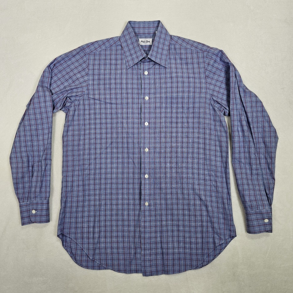 Ascot Chang Men's Shirt‎ Size (L) Blue White Stripe Custom Made in Hong Kong Vtg